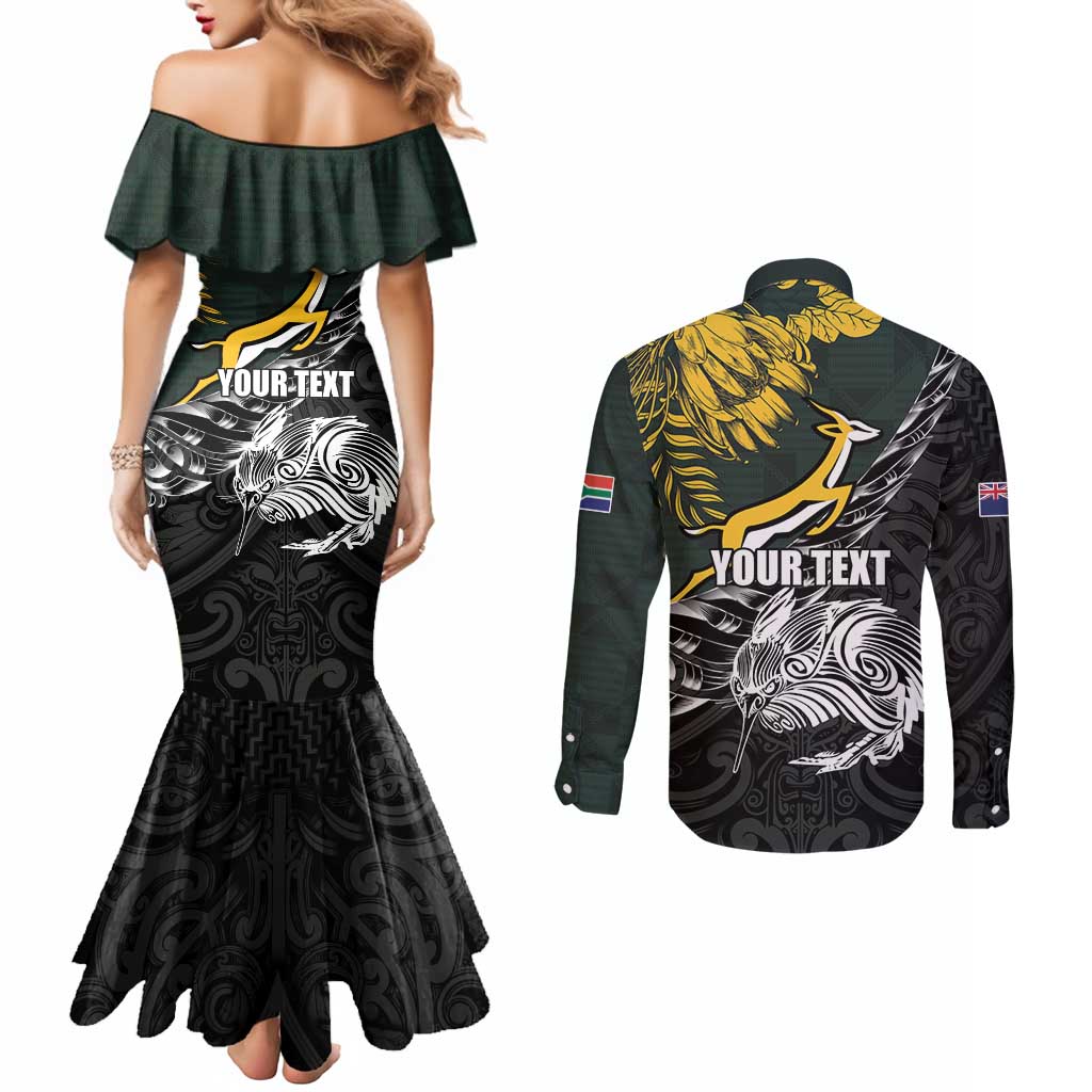 New Zealand and South Africa Rugby Personalised Couples Matching Mermaid Dress and Long Sleeve Button Shirt Maori Kiwi With Springboks LT15 - Polynesian Pride