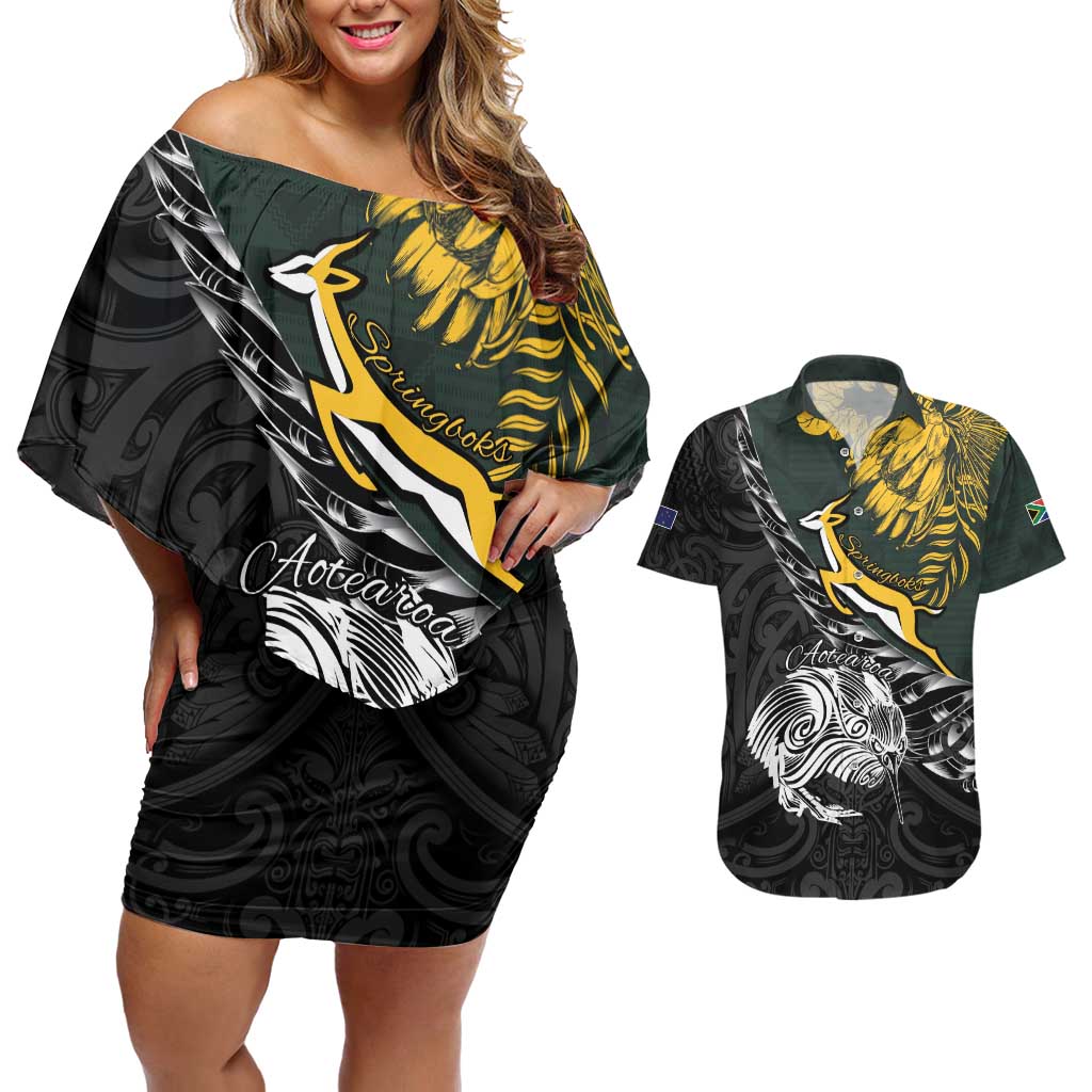 New Zealand and South Africa Rugby Personalised Couples Matching Off Shoulder Short Dress and Hawaiian Shirt Maori Kiwi With Springboks LT15 Black - Polynesian Pride