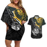New Zealand and South Africa Rugby Personalised Couples Matching Off Shoulder Short Dress and Hawaiian Shirt Maori Kiwi With Springboks LT15 Black - Polynesian Pride