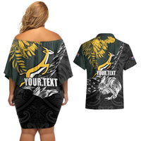 New Zealand and South Africa Rugby Personalised Couples Matching Off Shoulder Short Dress and Hawaiian Shirt Maori Kiwi With Springboks LT15 - Polynesian Pride