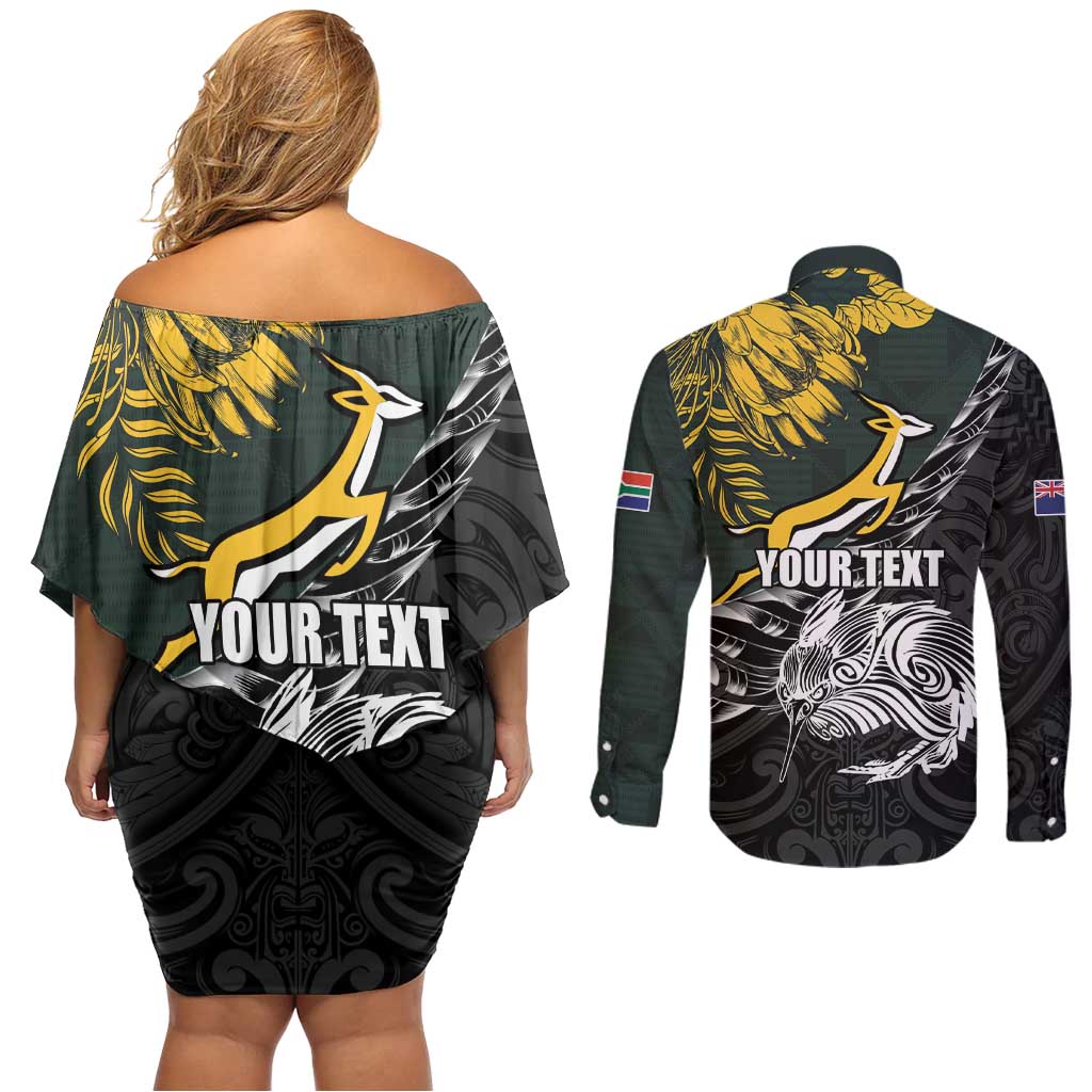 New Zealand and South Africa Rugby Personalised Couples Matching Off Shoulder Short Dress and Long Sleeve Button Shirt Maori Kiwi With Springboks LT15 - Polynesian Pride