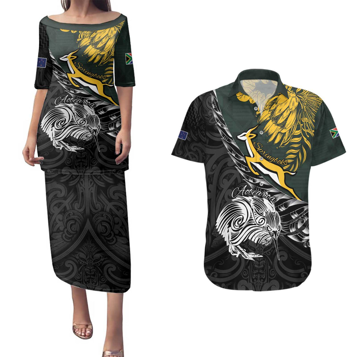New Zealand and South Africa Rugby Personalised Couples Matching Puletasi and Hawaiian Shirt Maori Kiwi With Springboks LT15 Black - Polynesian Pride