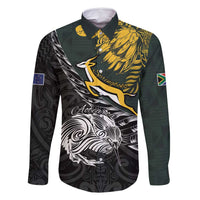 New Zealand and South Africa Rugby Personalised Family Matching Long Sleeve Bodycon Dress and Hawaiian Shirt Maori Kiwi With Springboks LT15 Dad's Shirt - Long Sleeve Black - Polynesian Pride