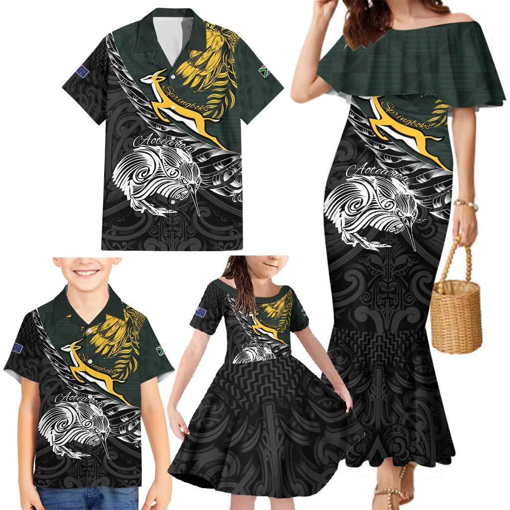 New Zealand and South Africa Rugby Personalised Family Matching Mermaid Dress and Hawaiian Shirt Maori Kiwi With Springboks LT15 - Polynesian Pride