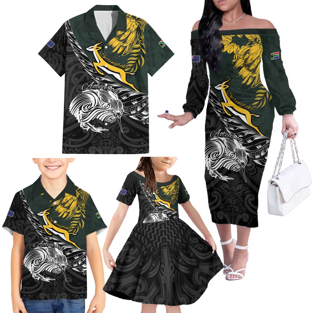 New Zealand and South Africa Rugby Personalised Family Matching Off The Shoulder Long Sleeve Dress and Hawaiian Shirt Maori Kiwi With Springboks