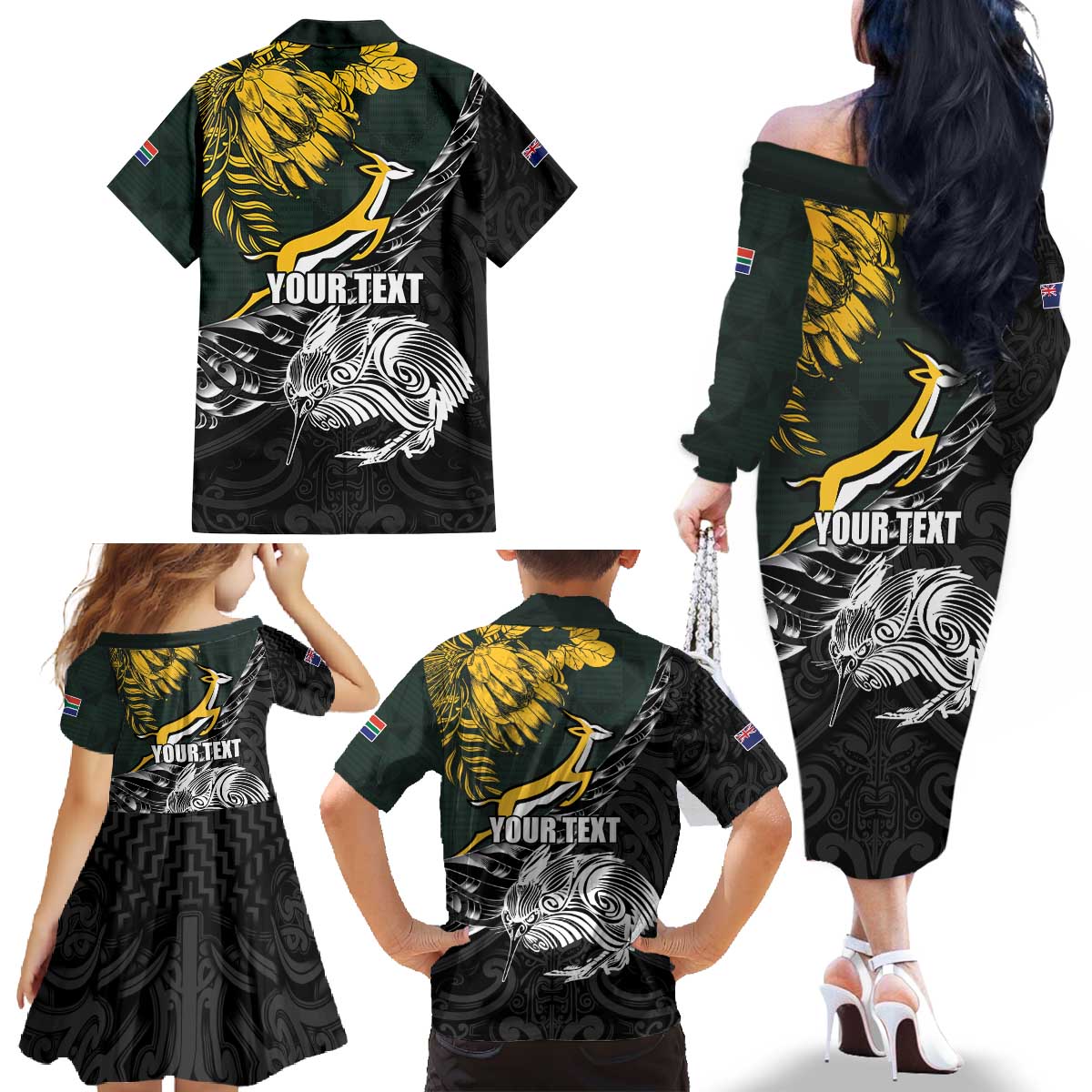 New Zealand and South Africa Rugby Personalised Family Matching Off The Shoulder Long Sleeve Dress and Hawaiian Shirt Maori Kiwi With Springboks