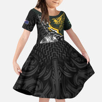 New Zealand and South Africa Rugby Personalised Family Matching Puletasi and Hawaiian Shirt Maori Kiwi With Springboks LT15 Daughter's Dress Black - Polynesian Pride