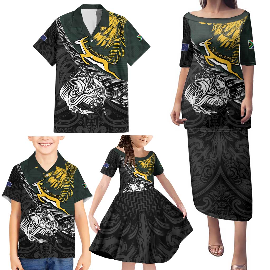 New Zealand and South Africa Rugby Personalised Family Matching Puletasi and Hawaiian Shirt Maori Kiwi With Springboks LT15 - Polynesian Pride