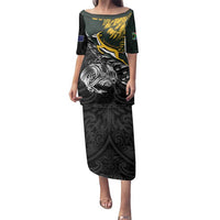 New Zealand and South Africa Rugby Personalised Family Matching Puletasi and Hawaiian Shirt Maori Kiwi With Springboks LT15 Mom's Dress Black - Polynesian Pride