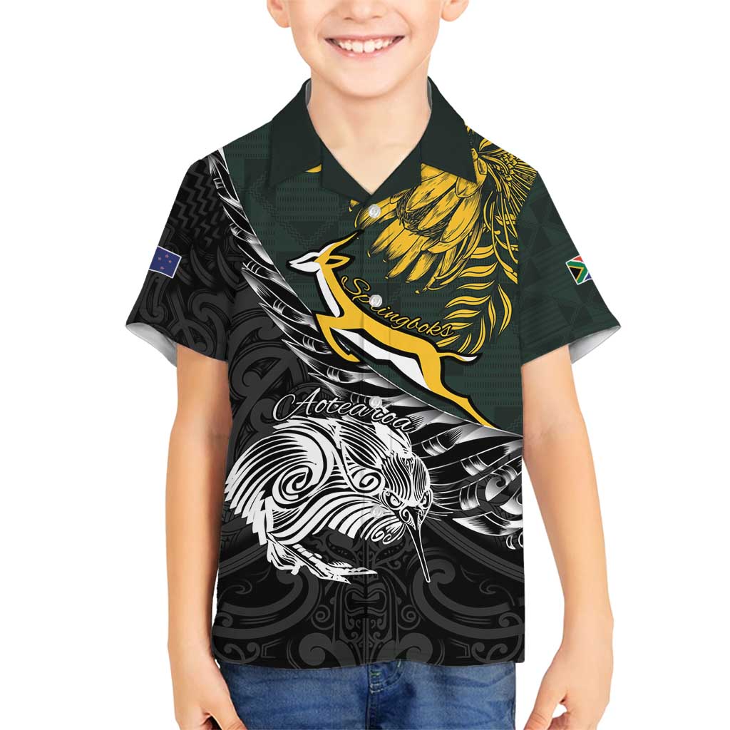 New Zealand and South Africa Rugby Personalised Family Matching Puletasi and Hawaiian Shirt Maori Kiwi With Springboks LT15 Son's Shirt Black - Polynesian Pride