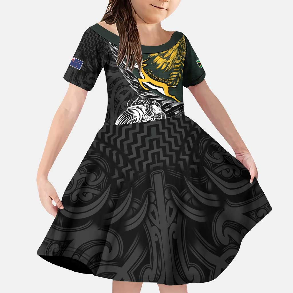 New Zealand and South Africa Rugby Personalised Family Matching Short Sleeve Bodycon Dress and Hawaiian Shirt Maori Kiwi With Springboks LT15 Daughter's Dress Black - Polynesian Pride