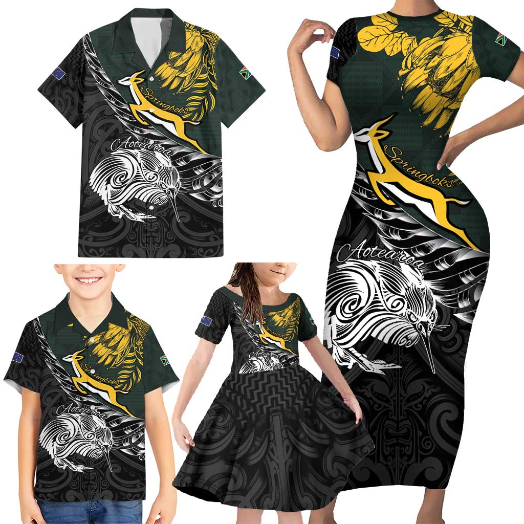 New Zealand and South Africa Rugby Personalised Family Matching Short Sleeve Bodycon Dress and Hawaiian Shirt Maori Kiwi With Springboks LT15 - Polynesian Pride