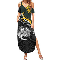 New Zealand and South Africa Rugby Personalised Family Matching Summer Maxi Dress and Hawaiian Shirt Maori Kiwi With Springboks LT15 Mom's Dress Black - Polynesian Pride