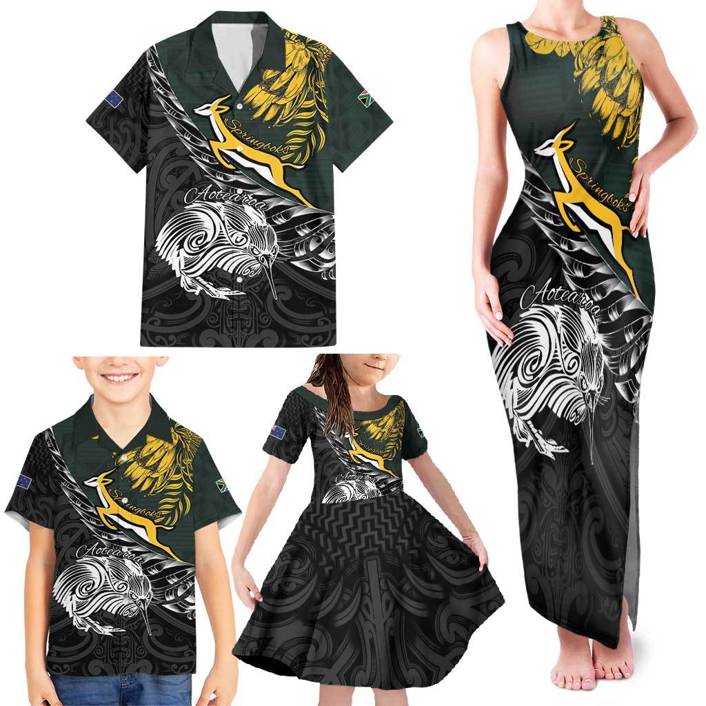 New Zealand and South Africa Rugby Personalised Family Matching Tank Maxi Dress and Hawaiian Shirt Maori Kiwi With Springboks LT15 - Polynesian Pride