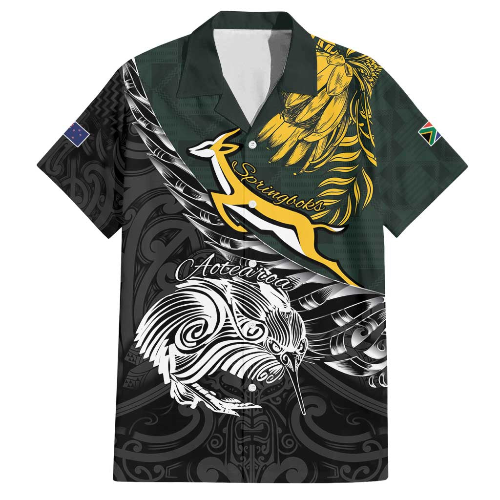 New Zealand and South Africa Rugby Personalised Family Matching Tank Maxi Dress and Hawaiian Shirt Maori Kiwi With Springboks LT15 Dad's Shirt - Short Sleeve Black - Polynesian Pride