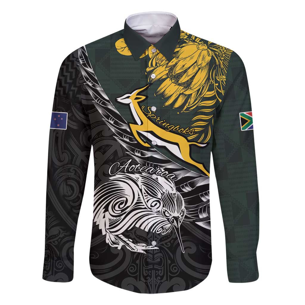 New Zealand and South Africa Rugby Personalised Family Matching Tank Maxi Dress and Hawaiian Shirt Maori Kiwi With Springboks LT15 Dad's Shirt - Long Sleeve Black - Polynesian Pride