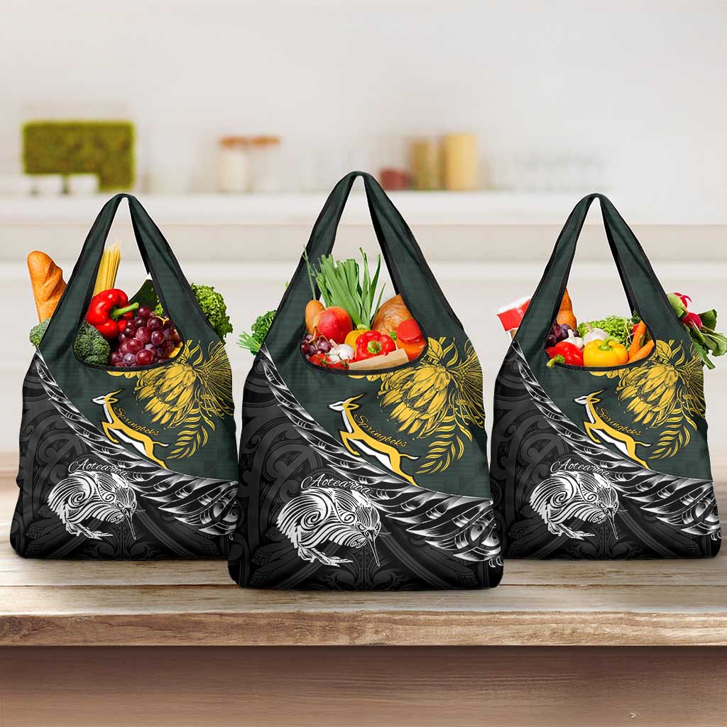 New Zealand and South Africa Rugby Grocery Bag Maori Kiwi With Springboks LT15 3-pack One Size Black - Polynesian Pride