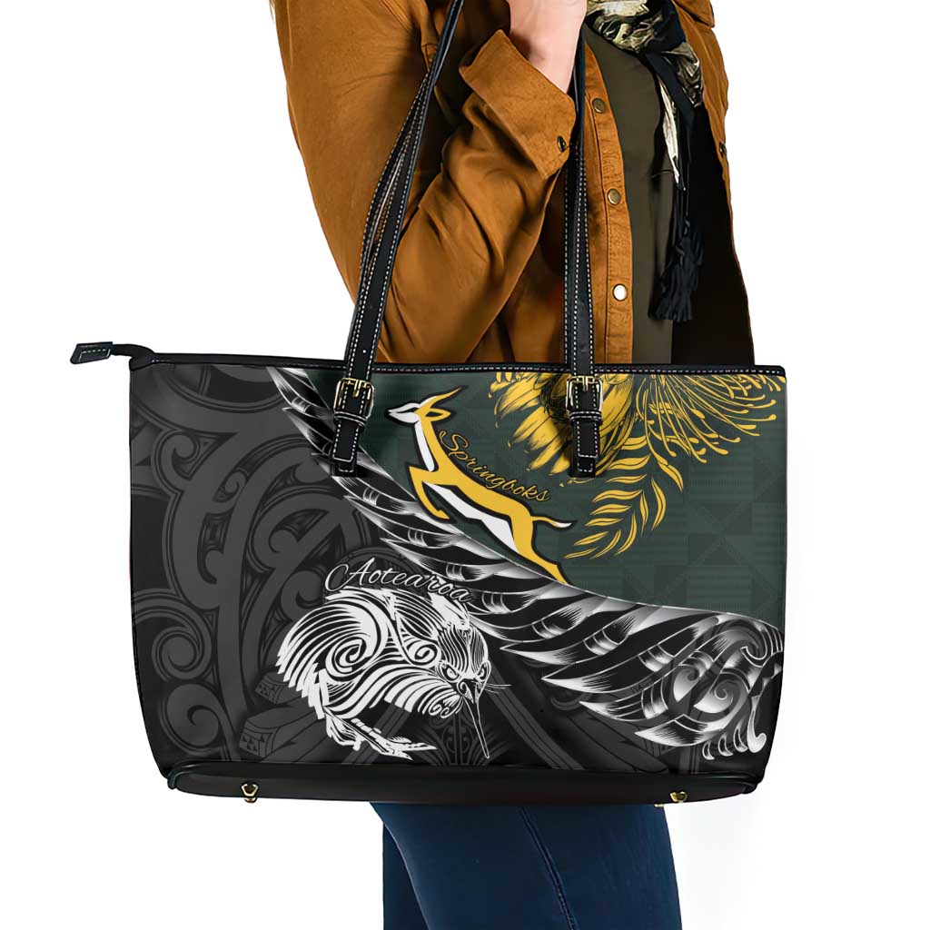 New Zealand and South Africa Rugby Leather Tote Bag Maori Kiwi With Springboks LT15 - Polynesian Pride