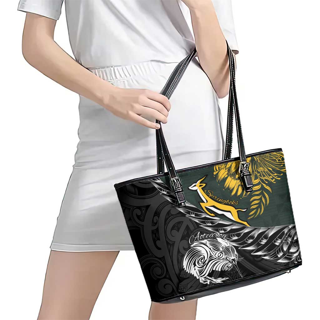 New Zealand and South Africa Rugby Leather Tote Bag Maori Kiwi With Springboks LT15 - Polynesian Pride