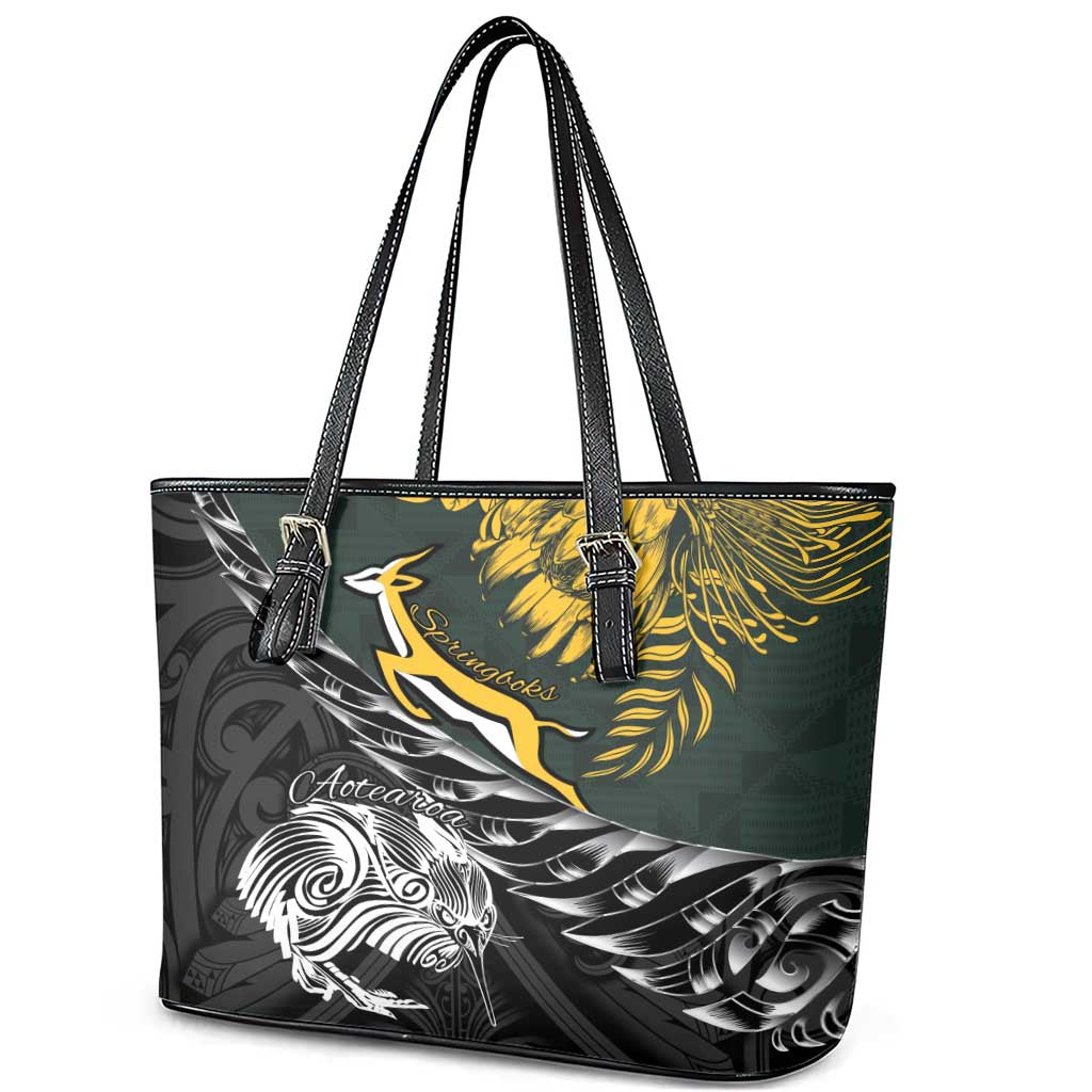 New Zealand and South Africa Rugby Leather Tote Bag Maori Kiwi With Springboks LT15 - Polynesian Pride