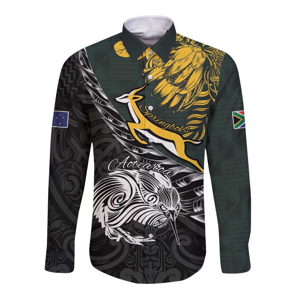 New Zealand and South Africa Rugby Personalised Long Sleeve Button Shirt Maori Kiwi With Springboks LT15 Unisex Black - Polynesian Pride