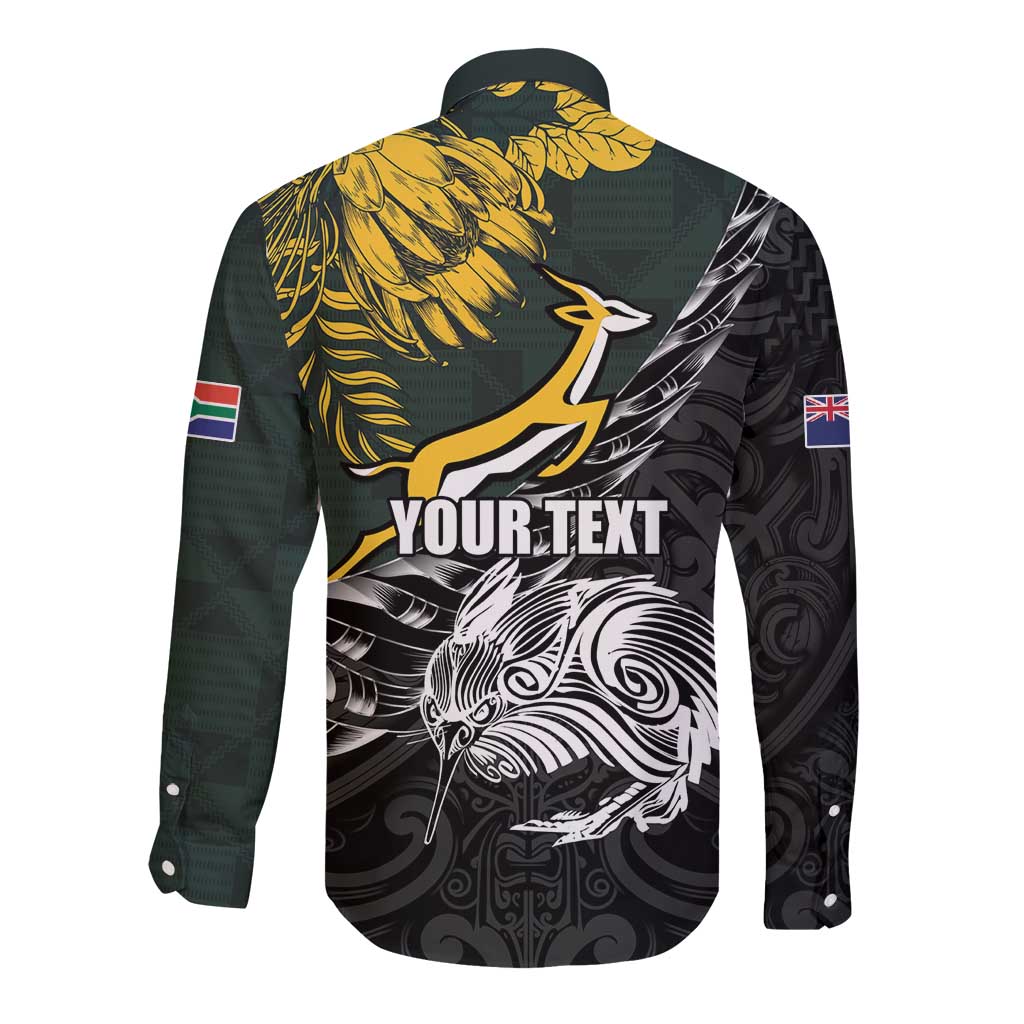 New Zealand and South Africa Rugby Personalised Long Sleeve Button Shirt Maori Kiwi With Springboks LT15 - Polynesian Pride
