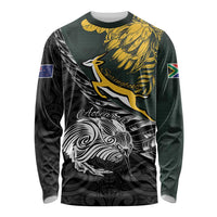 New Zealand and South Africa Rugby Personalised Long Sleeve Shirt Maori Kiwi With Springboks LT15 Unisex Black - Polynesian Pride