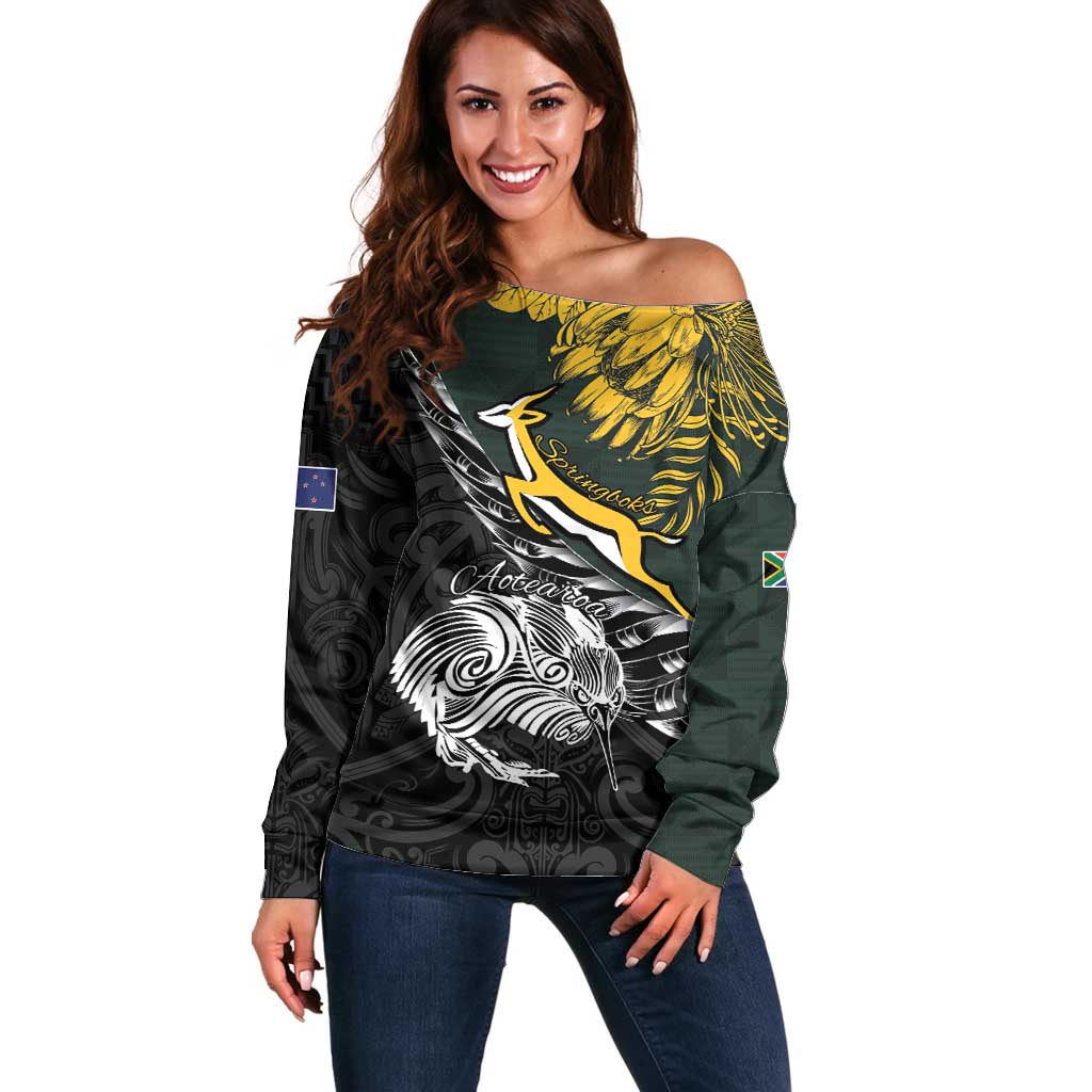 New Zealand and South Africa Rugby Personalised Off Shoulder Sweater Maori Kiwi With Springboks