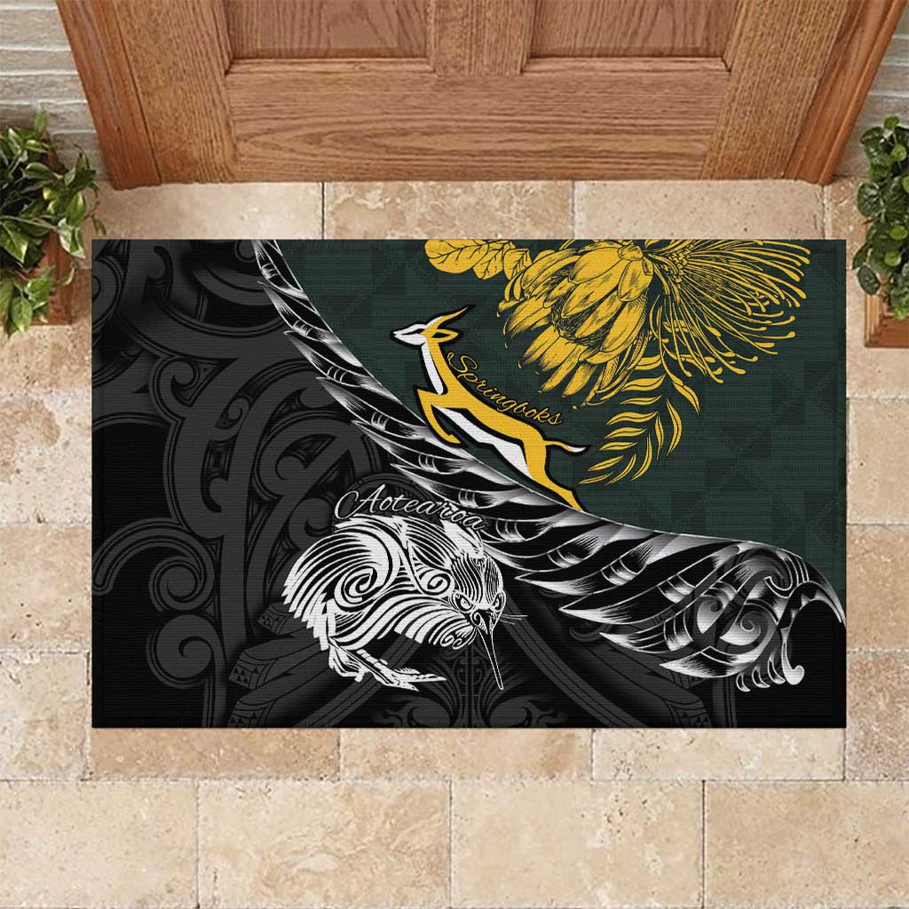 New Zealand and South Africa Rugby Rubber Doormat Maori Kiwi With Springboks LT15 Black - Polynesian Pride