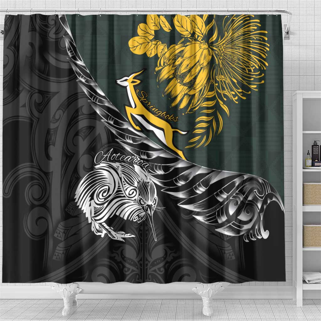 New Zealand and South Africa Rugby Shower Curtain Maori Kiwi With Springboks