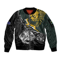 New Zealand and South Africa Rugby Personalised Sleeve Zip Bomber Jacket Maori Kiwi With Springboks LT15 Unisex Black - Polynesian Pride