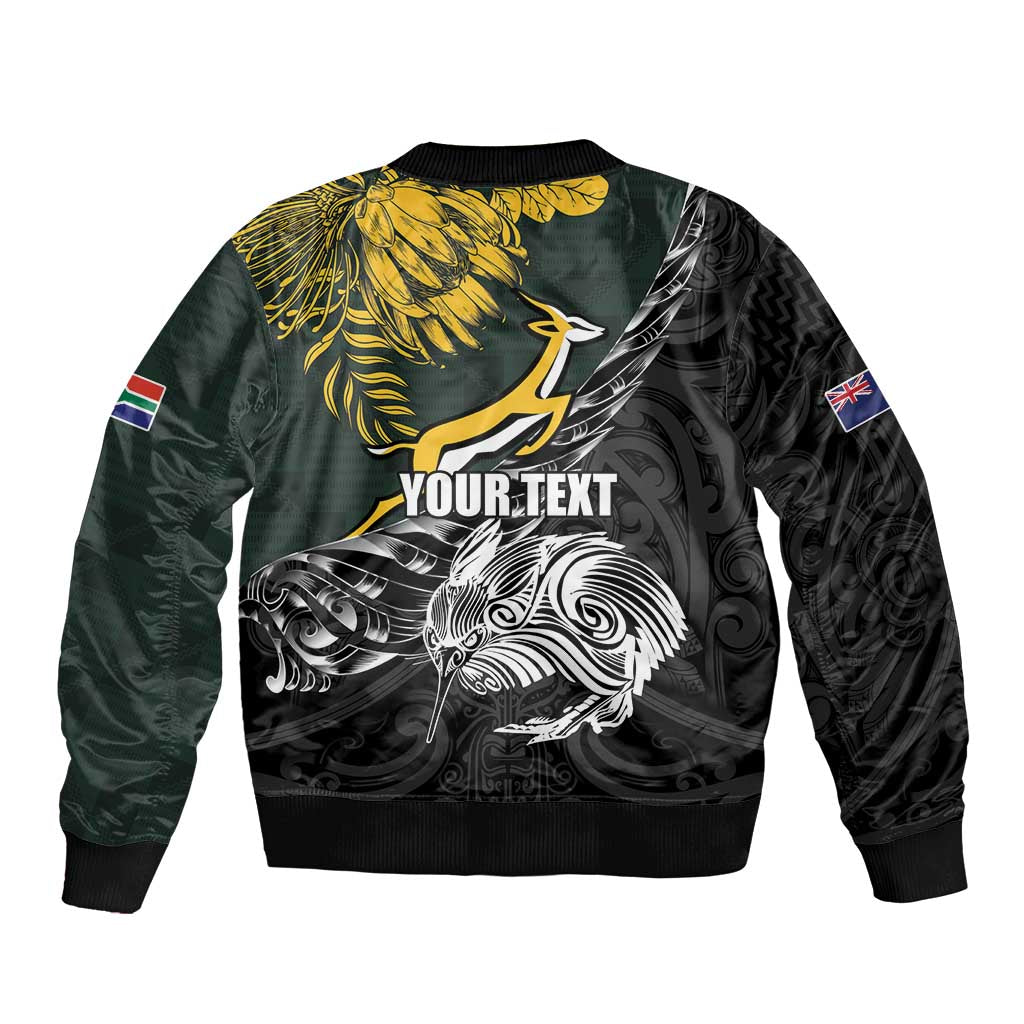 New Zealand and South Africa Rugby Personalised Sleeve Zip Bomber Jacket Maori Kiwi With Springboks LT15 - Polynesian Pride