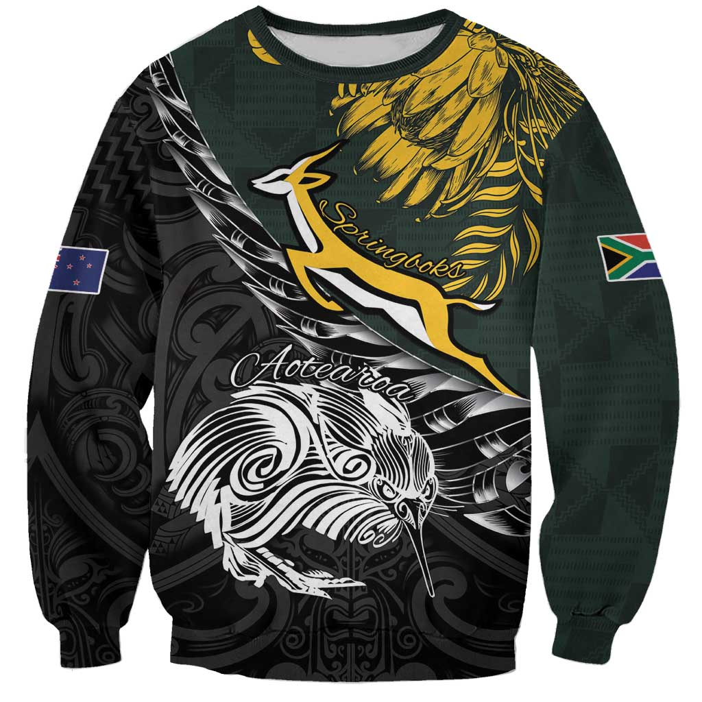 New Zealand and South Africa Rugby Personalised Sweatshirt Maori Kiwi With Springboks LT15 Unisex Black - Polynesian Pride