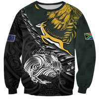New Zealand and South Africa Rugby Personalised Sweatshirt Maori Kiwi With Springboks LT15 Unisex Black - Polynesian Pride