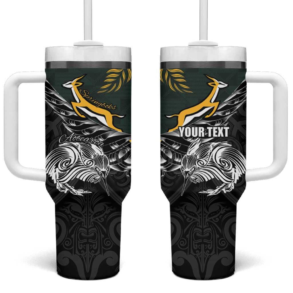 New Zealand and South Africa Rugby Personalised Tumbler With Handle Maori Kiwi With Springboks LT15 One Size: 40 oz Black - Polynesian Pride