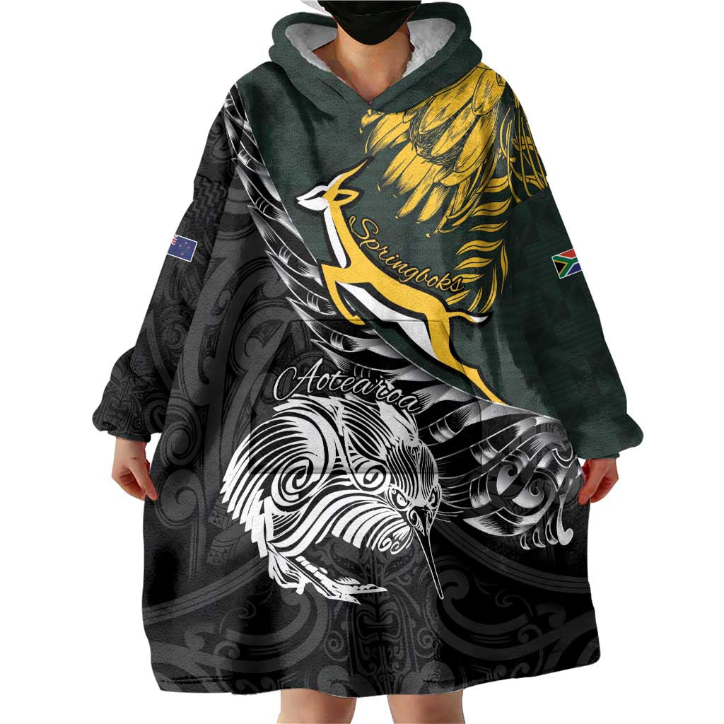 New Zealand and South Africa Rugby Personalised Wearable Blanket Hoodie Maori Kiwi With Springboks
