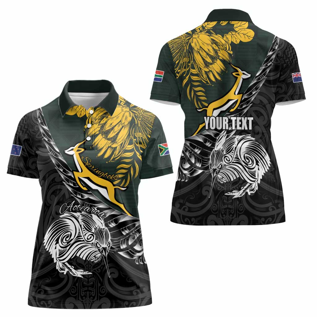 New Zealand and South Africa Rugby Personalised Women Polo Shirt Maori Kiwi With Springboks