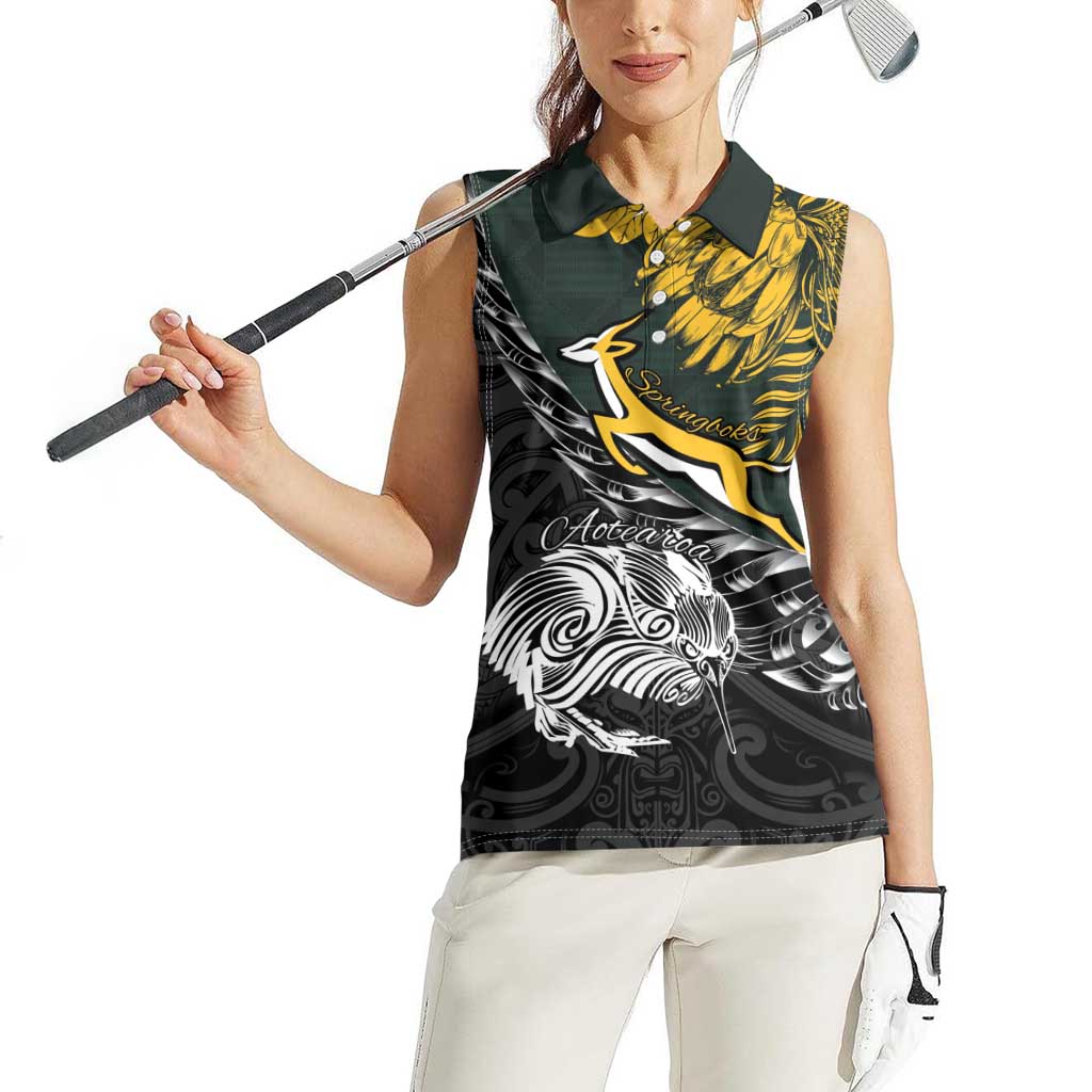 New Zealand and South Africa Rugby Personalised Women Sleeveless Polo Shirt Maori Kiwi With Springboks