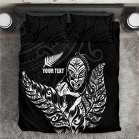 New Zealand Silver Fern Rugby Custom Bedding Set Maori Tiki Black Version