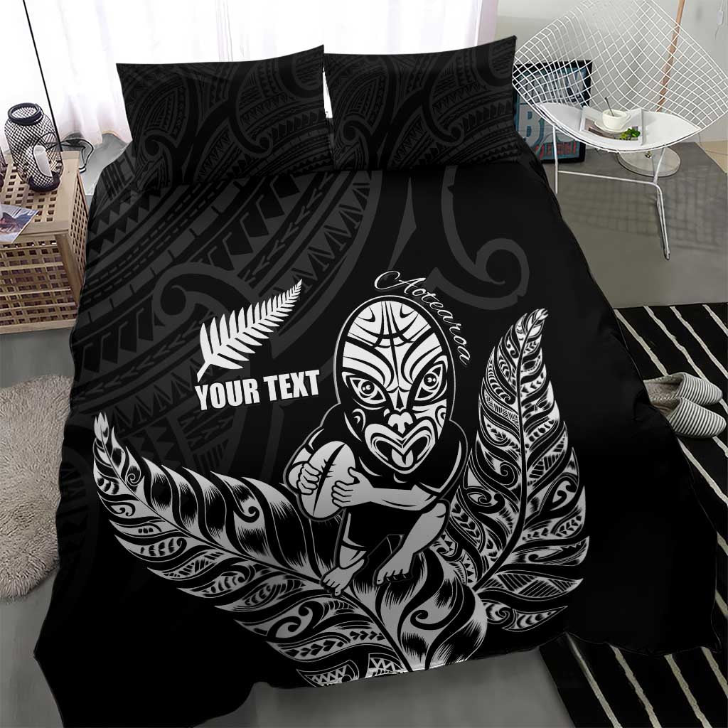 New Zealand Silver Fern Rugby Custom Bedding Set Maori Tiki Black Version