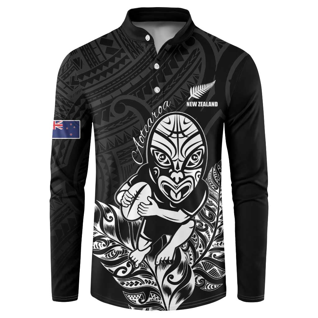 New Zealand Silver Fern Rugby Custom Button Sweatshirt Maori Tiki Black Version