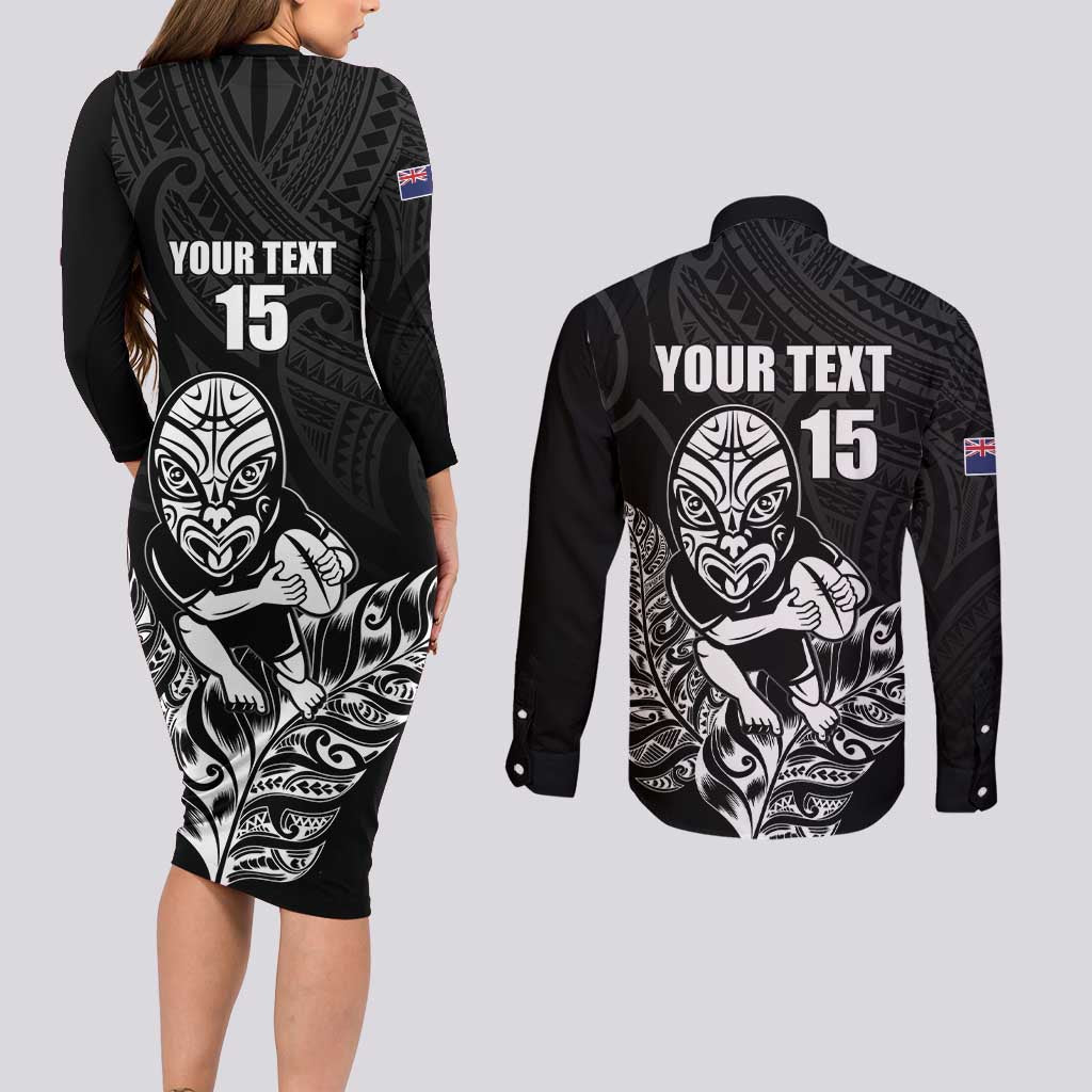 New Zealand Silver Fern Rugby Custom Couples Matching Long Sleeve Bodycon Dress and Long Sleeve Button Shirt Maori Tiki Black Version