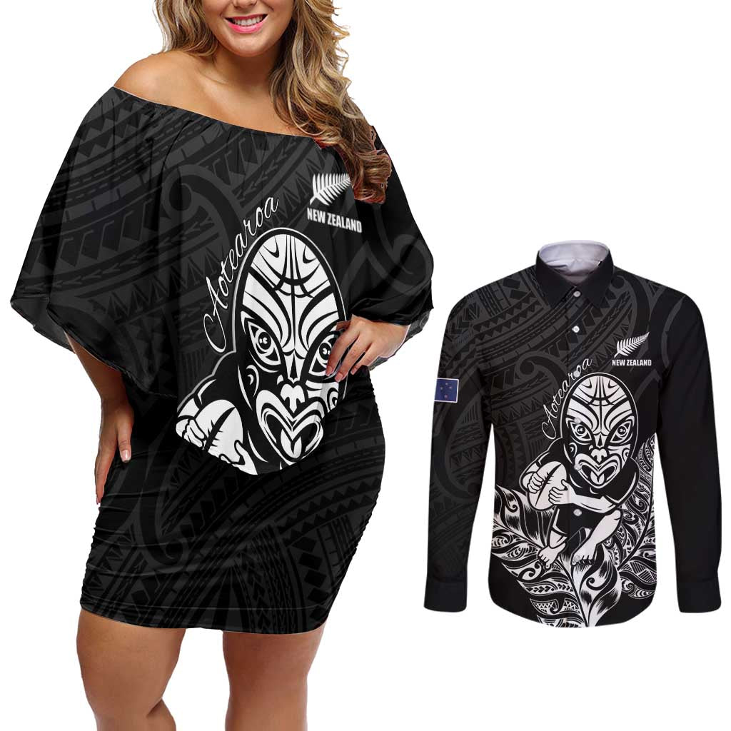 New Zealand Silver Fern Rugby Custom Couples Matching Off Shoulder Short Dress and Long Sleeve Button Shirt Maori Tiki Black Version