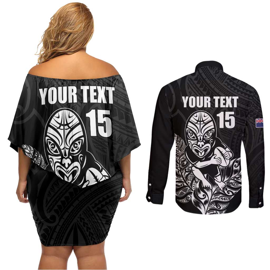 New Zealand Silver Fern Rugby Custom Couples Matching Off Shoulder Short Dress and Long Sleeve Button Shirt Maori Tiki Black Version