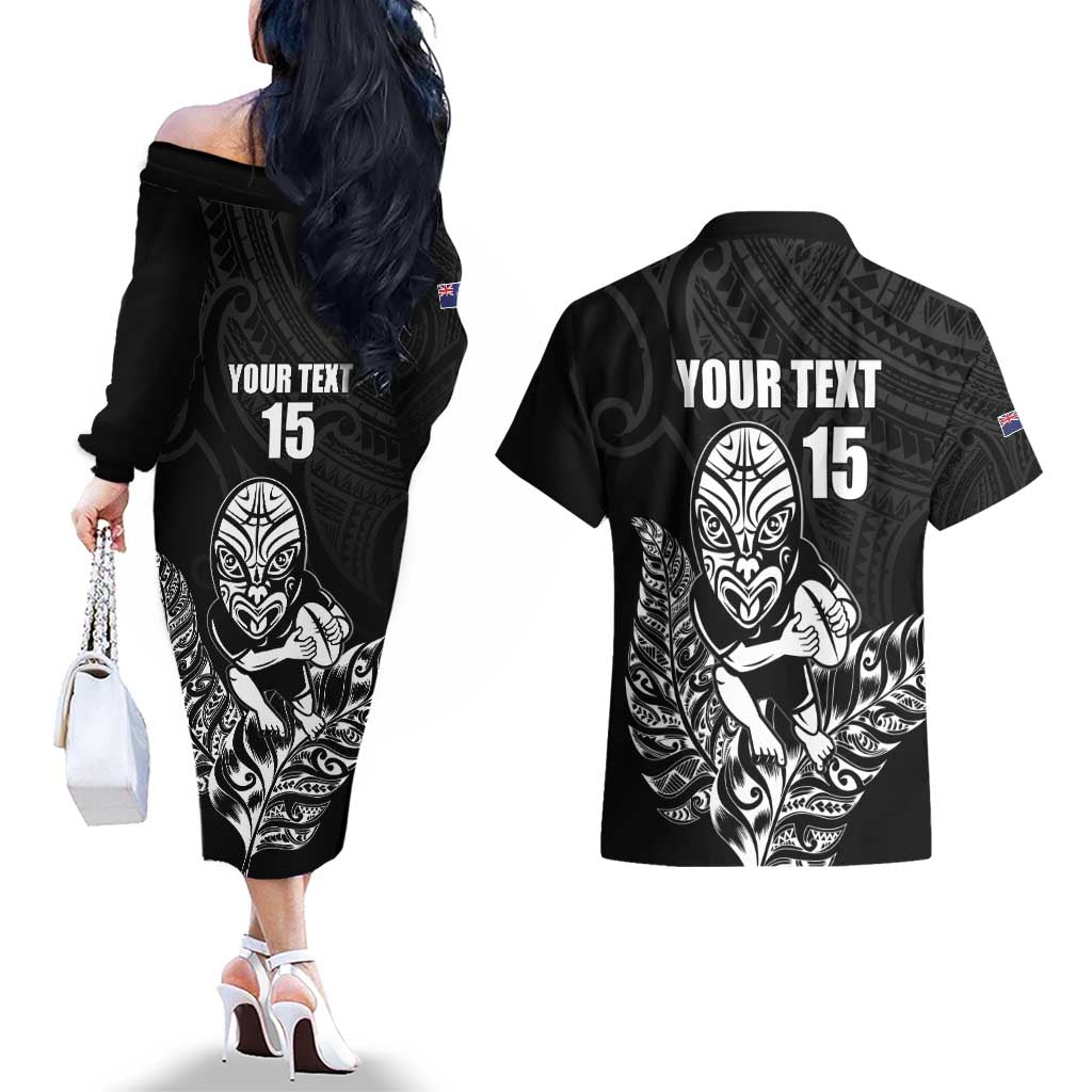 New Zealand Silver Fern Rugby Custom Couples Matching Off The Shoulder Long Sleeve Dress and Hawaiian Shirt Maori Tiki Black Version