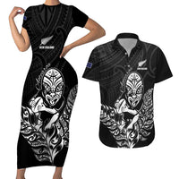 New Zealand Silver Fern Rugby Custom Couples Matching Short Sleeve Bodycon Dress and Hawaiian Shirt Maori Tiki Black Version
