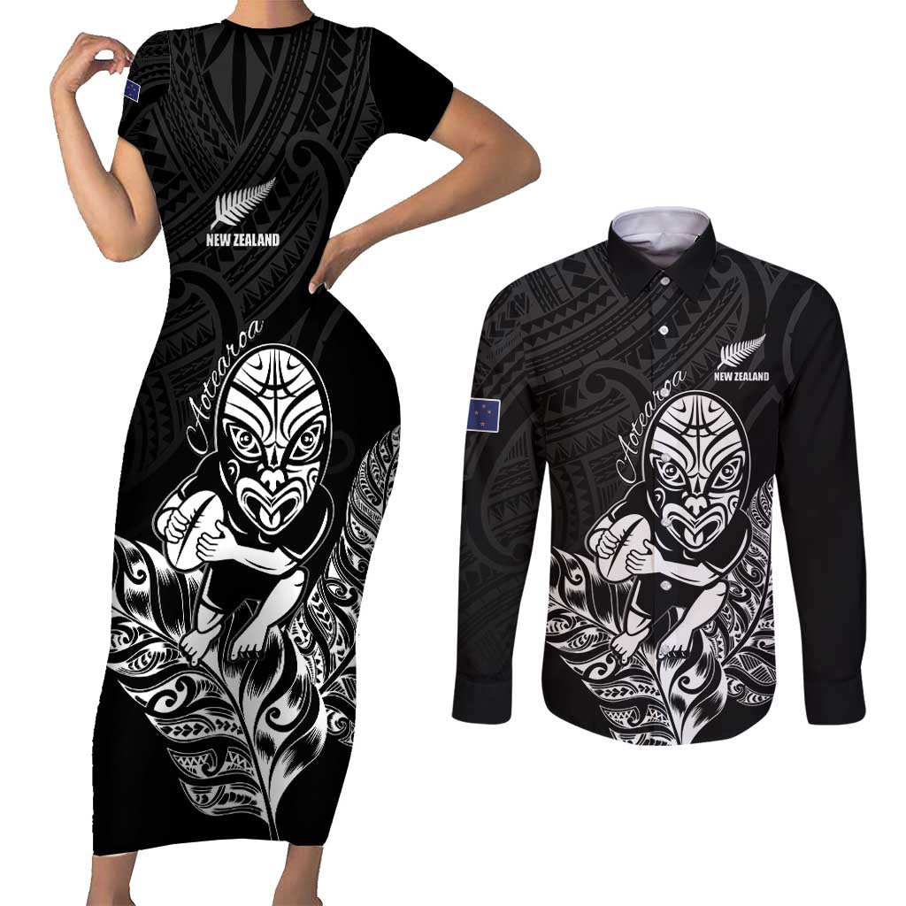 New Zealand Silver Fern Rugby Custom Couples Matching Short Sleeve Bodycon Dress and Long Sleeve Button Shirt Maori Tiki Black Version