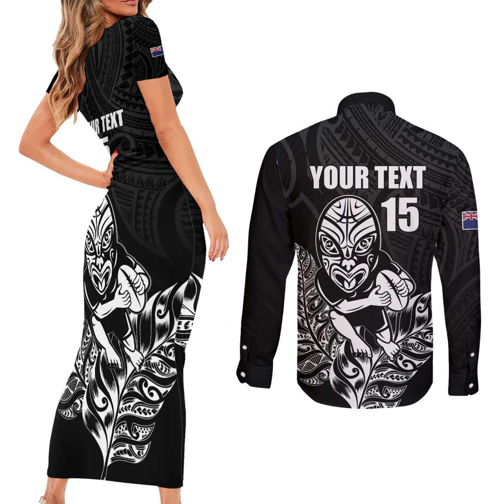 New Zealand Silver Fern Rugby Custom Couples Matching Short Sleeve Bodycon Dress and Long Sleeve Button Shirt Maori Tiki Black Version