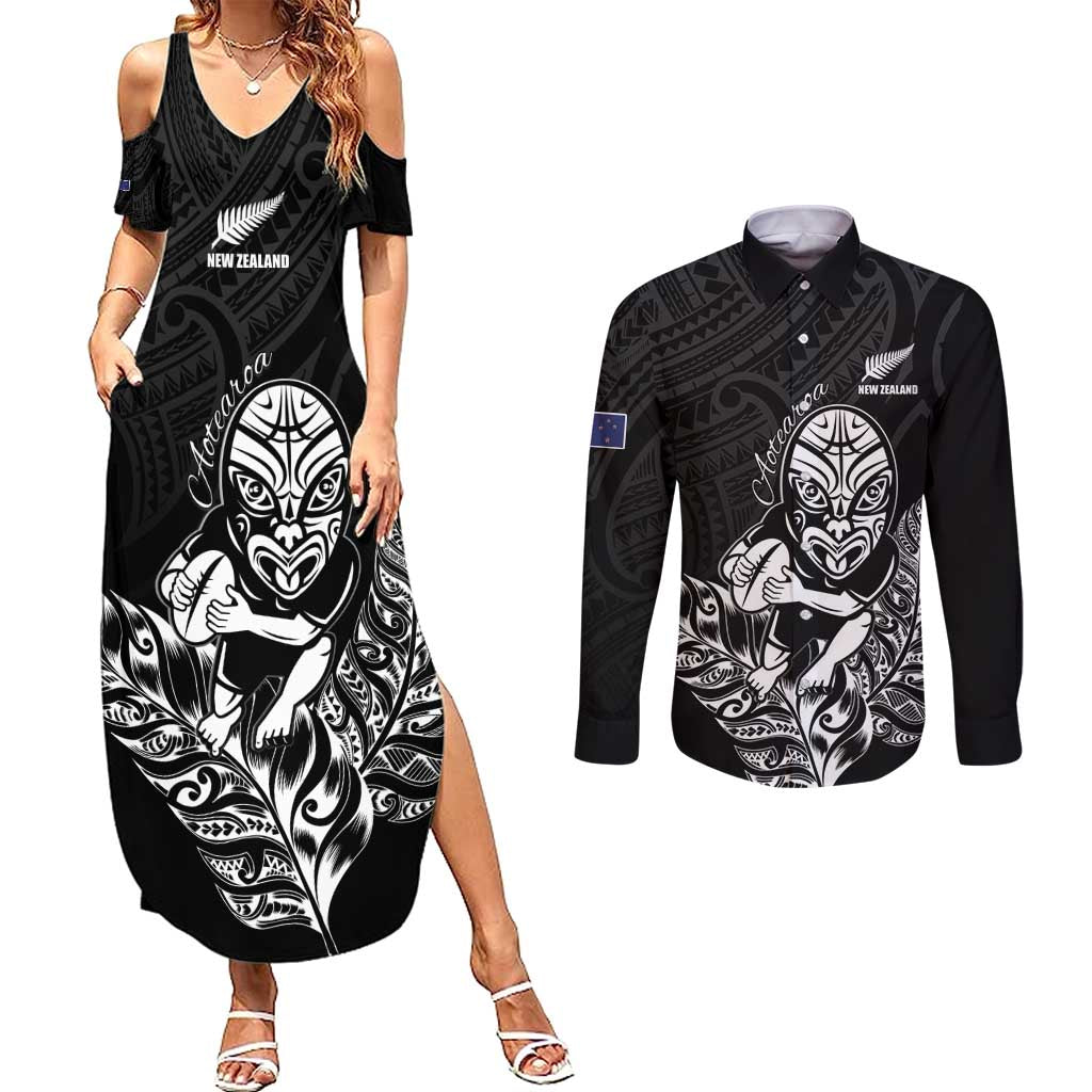 New Zealand Silver Fern Rugby Custom Couples Matching Summer Maxi Dress and Long Sleeve Button Shirt Maori Tiki Black Version
