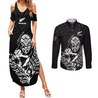 New Zealand Silver Fern Rugby Custom Couples Matching Summer Maxi Dress and Long Sleeve Button Shirt Maori Tiki Black Version